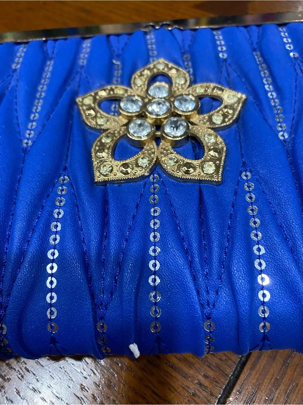 Blue Embellished Evening Clutch with Rhinestone Flower
